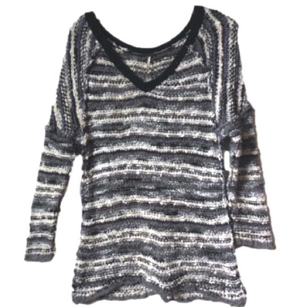 Free People Crochet Knit Oversized V-Neck Sweater - XS Gray White Striped